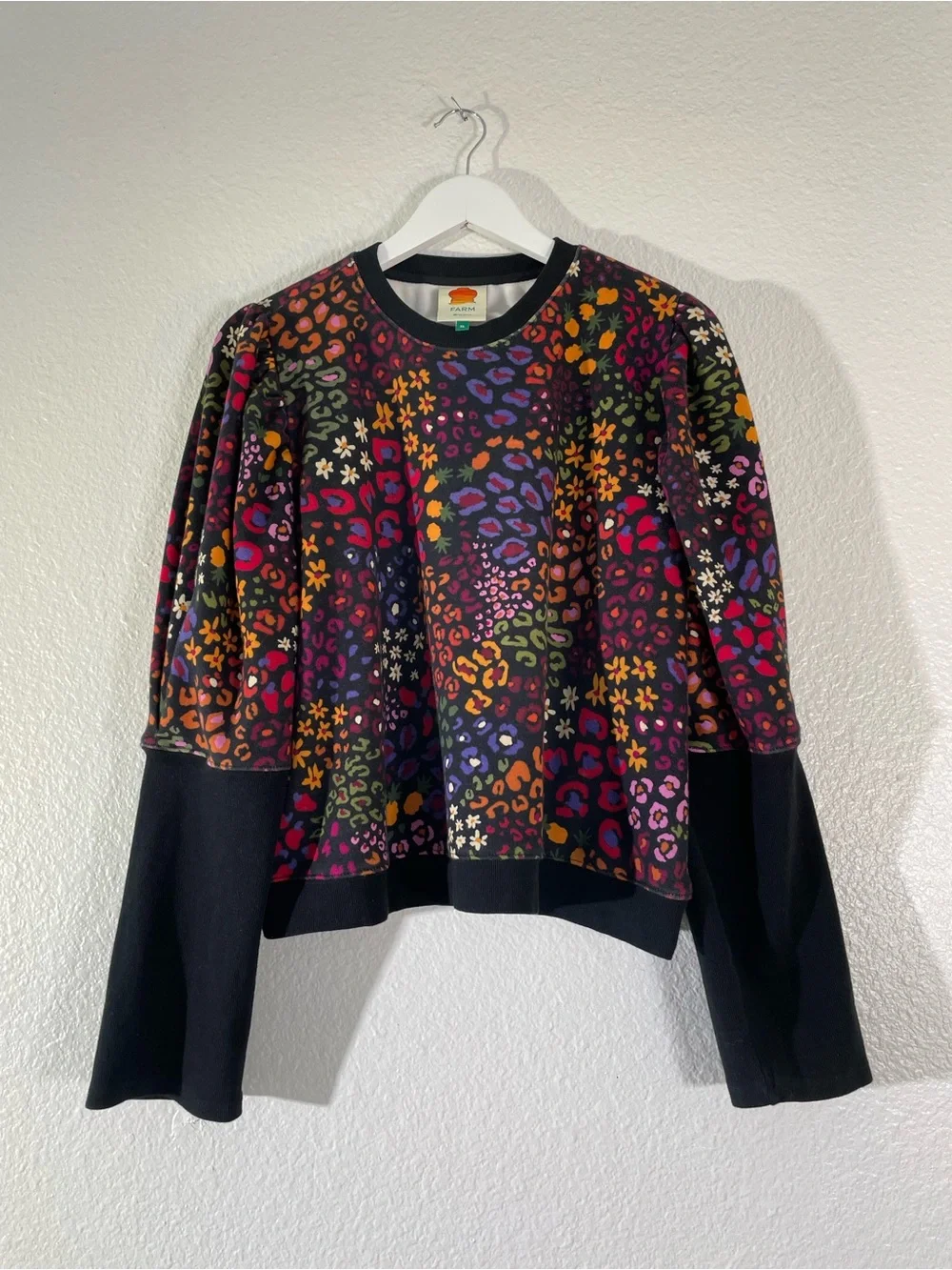 FARM Rio Multicolor Leopard-Print Puff-Sleeve Sweatshirt with Black Trim